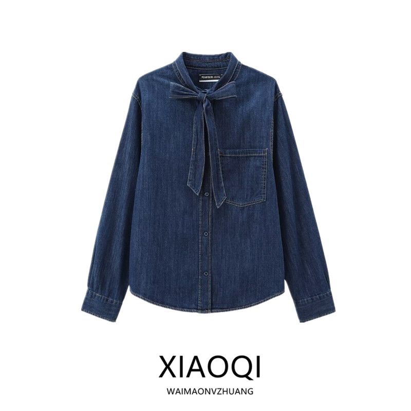 Fashion Style 2024 Autumn New Arrival Women's Stylish Easiest for Match Slim Looking Bowknot Decoration Denim Shirt 5520267