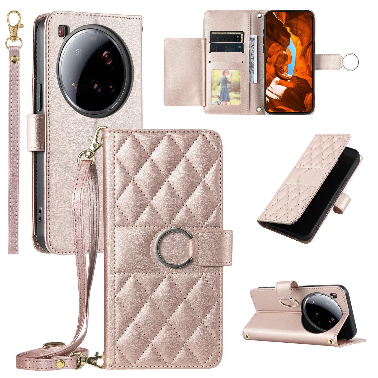 

For Xiaomi 15 Ultra Case Ring Buckle Wallet Stand Rhombus Crossbody Leather Mobile Cover Rose Gold