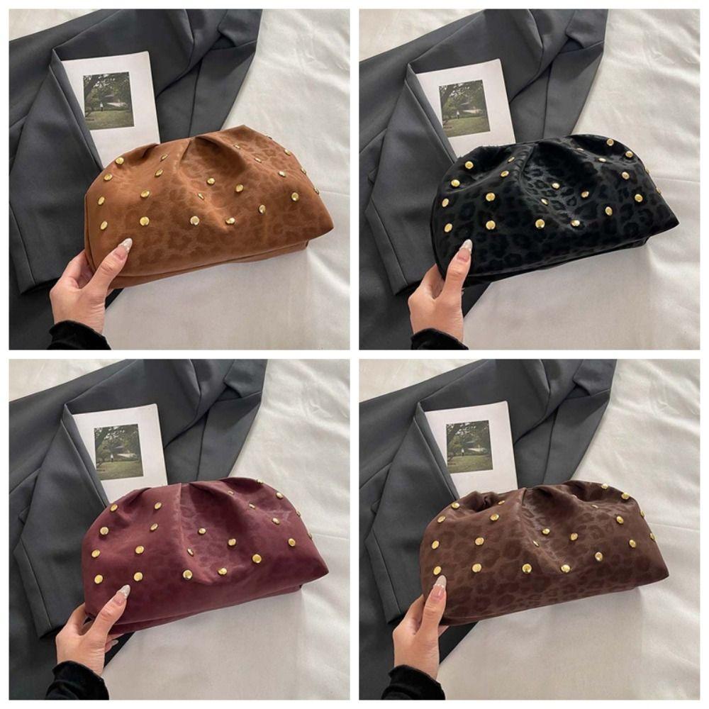 Versatile Matt Side Clutch Bag Retro Large Capacity Lady Hand-held Purse Leopard Print Magnetic Button Pleated Rivet Handbag