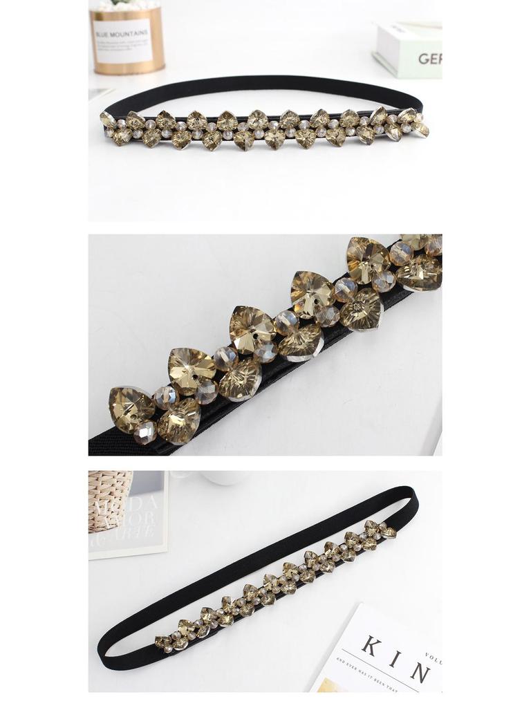 Damski elastyczny pasek z cyrkoniami zapinany na zatrzask - Wszechstronny wąski czarny pas wyszczuplający talię