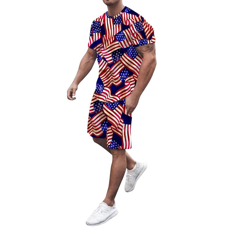 Pánské sady triček USA Americká vlajka 3D tisk Teplákové soupravy Trička Šortky 2 kusy Streetwear Pánské oversized obleky Sportovní oblečení