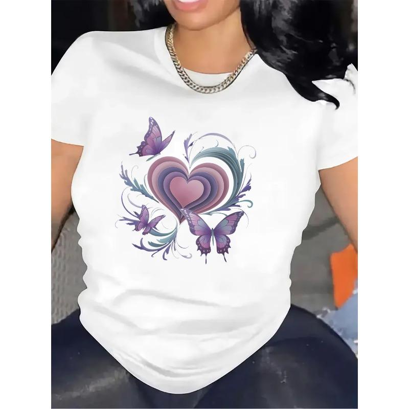 

Short-Sleeved T-Shirt Featuring a Heart And Butterfly Motif, Perfect for Home Use. Made from Durable And Comfy Material, S белый