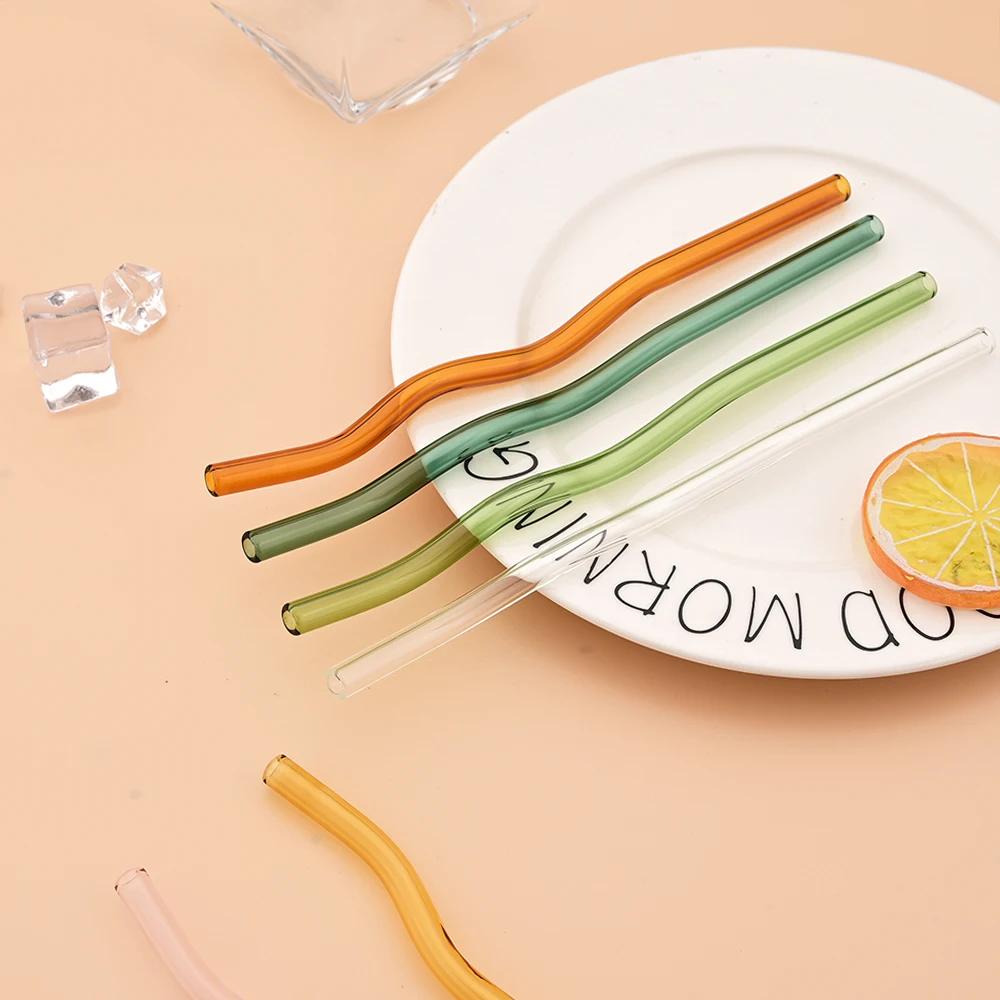 12Pcs Colorful Glass Straws Wavy Reusable Drinking Straws Eco-friendly Straws for Drinks Coffee Milk Tea Straw Barware