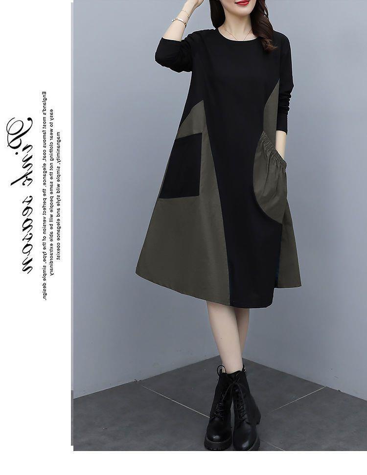 Autumn Plus Size Contrast Patchwork Long Sleeve Dress - Slimming, Stylish, Tummy Concealing Mid-Length Skirt for Women