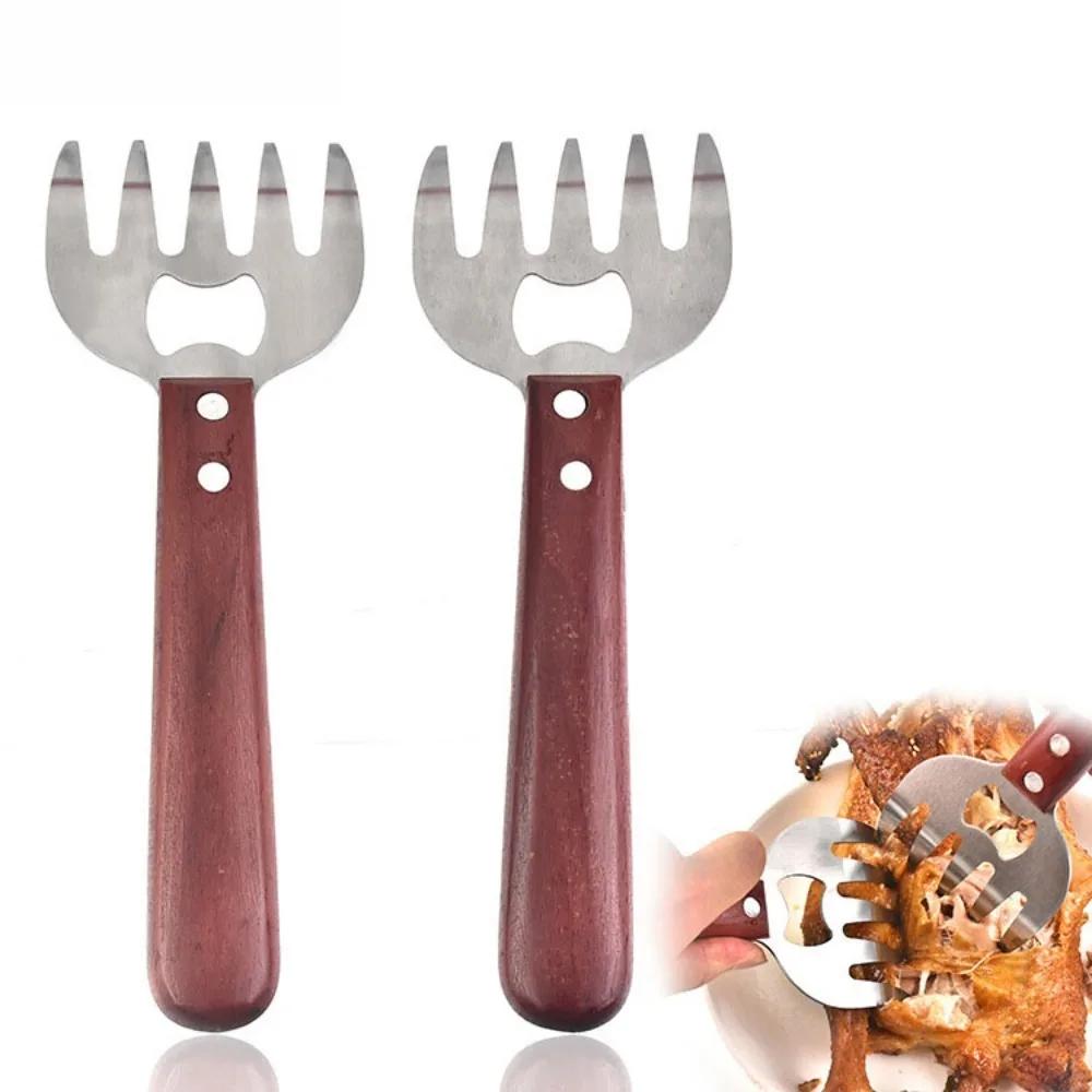Long Handle Meat Divider Stainless Steel Bear Claw Fork Meat Remover Wooden Handle Multi-function Meat Shredder Claw Kitchen