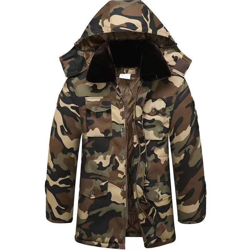 Men's and Women's Army Green Camouflage Winter Coat, Cotton-Padded, Mid-Length, Plus Velvet, Thickened for Cold Protection.