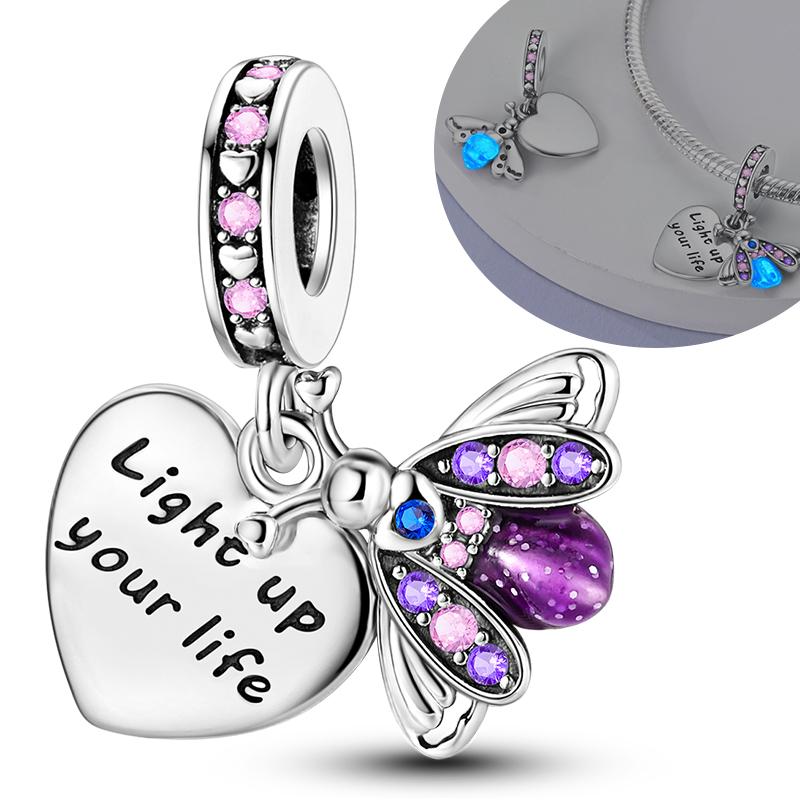 Luminous 925 Silver Firefly Pendant Charm for Bracelet Making Fashion Jewelry DIY Gift