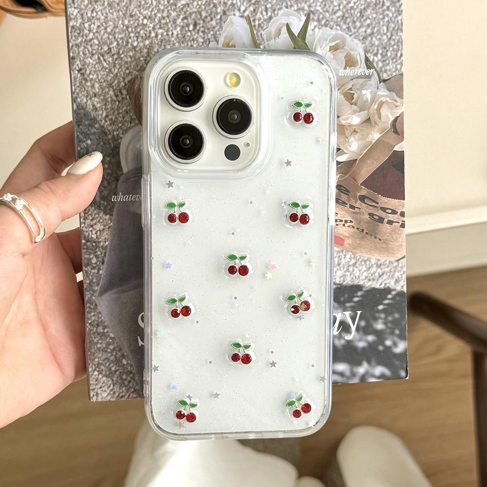 Schattige 3D Kersen Pailletten Telefoonhoesje Voor iPhone 17 Air 16 15 14 13 12 11 Pro Max Transparante Schokbestendige Zachte Siliconen Cover