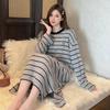 Women's Yarn-Dyed Stripe Cashmere Pajamas - Long-Sleeved Loose Nightdress for Autumn/Winter