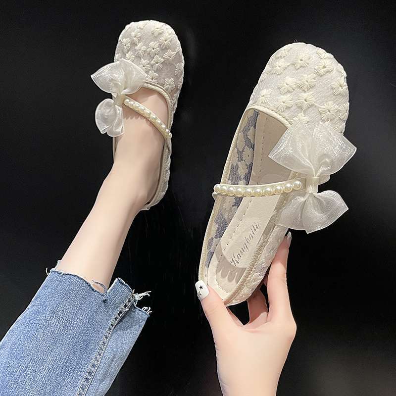 Bow bag head slippers women's outer wear 2025 summer thin mesh breathable one pedal flat lazy maternity shoes