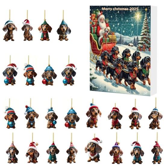Vánoční adventní kalendář Jezevčík 2025 Odpočítávání 24 dní do Vánoc Dekorace Sběratelská 2D akrylová závěsná sada s přívěsky psa na domácí dekoraci