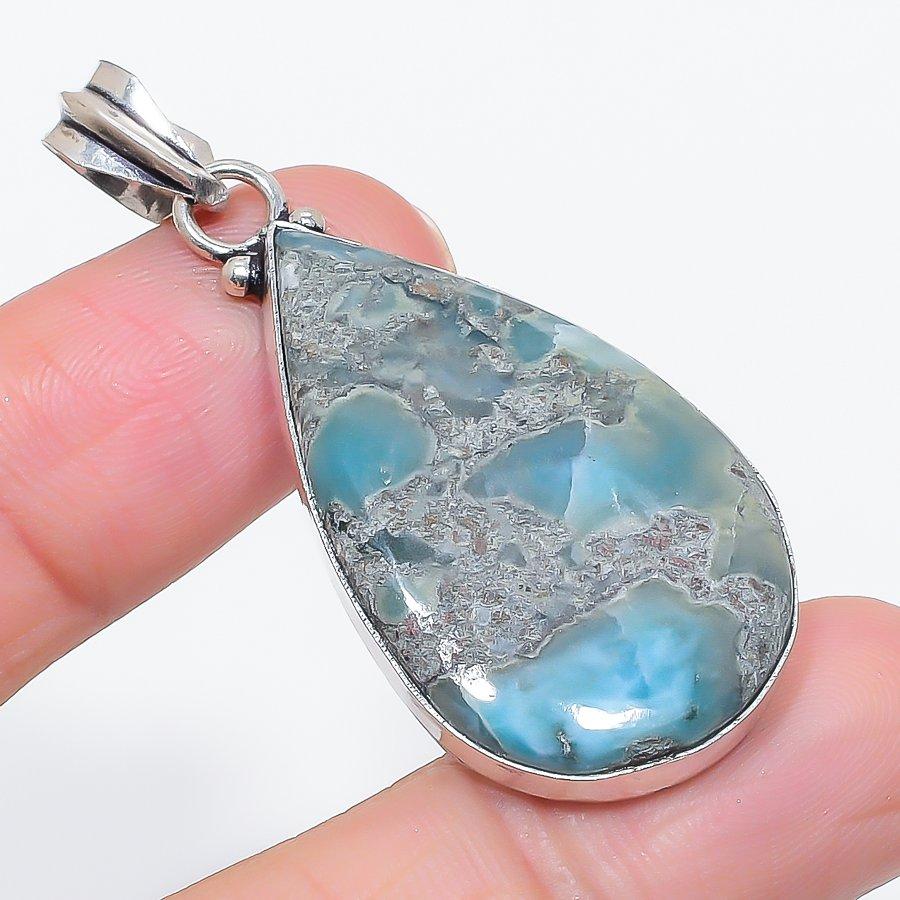 Natural Larimar Gemstone Handmade 925 Sterling Silver Jewelry Pendant 2.17" G1q87