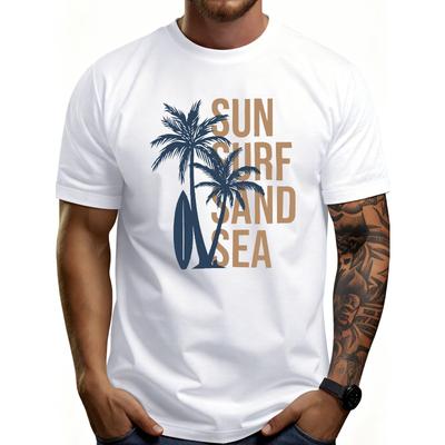 Europäische Größe Herren Grafik-T-Shirt - Atmungsaktiv Weich Leicht - Sonne Surfen Sand Meer Palme - Retro Lustige Grafik Lässig Kurzarm Sommer Oberteil