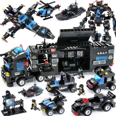 City Police Series Blocks 8 In 1 Vehicle Car Helicopter Police Station Building Blocks DIY Bricks