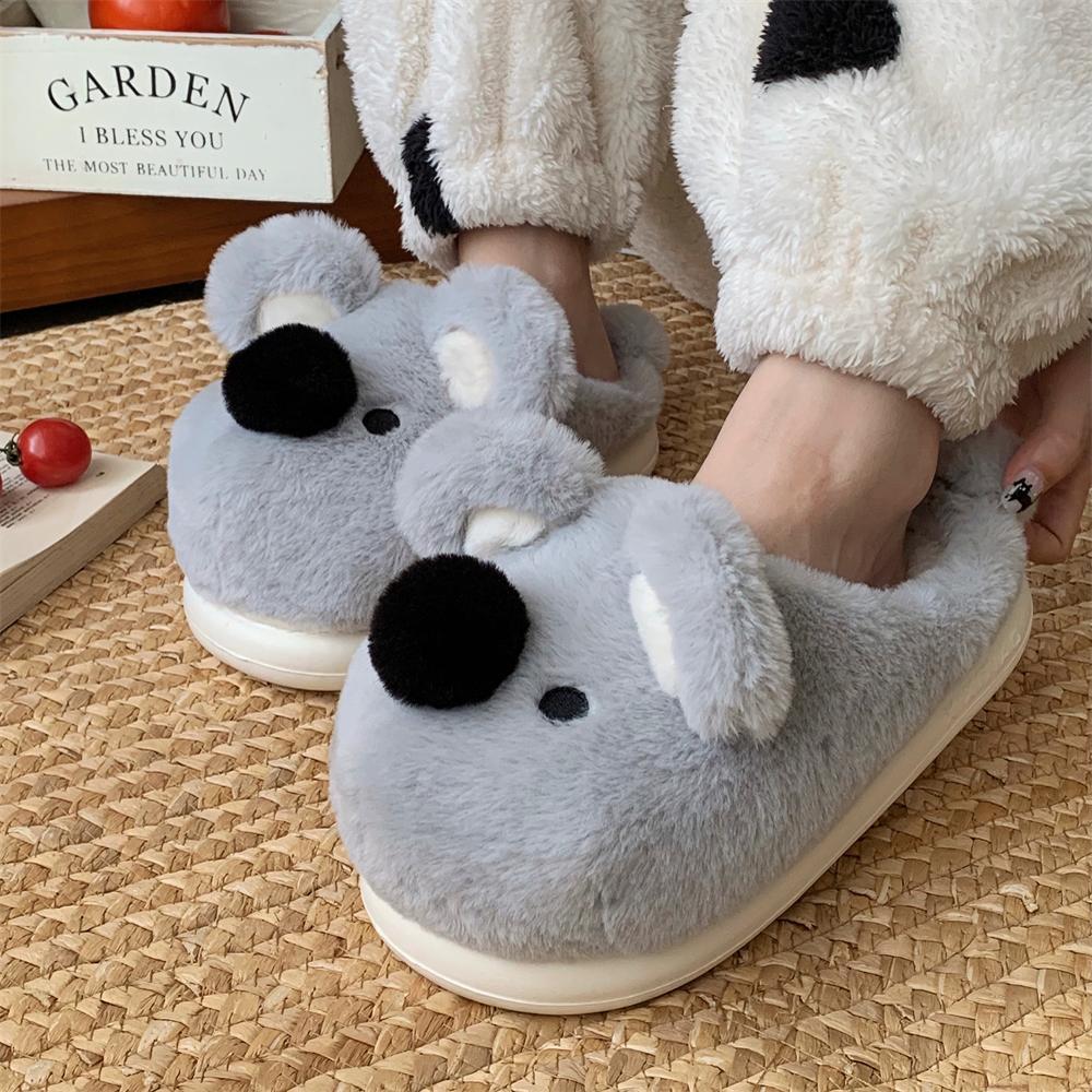 Fashion Women Indoor Fluffy Slippers Cute Cartoon Koala Winter Warm Shoes  Faux Fur Anti-slip Gray Color Couples Home Floor Slipper