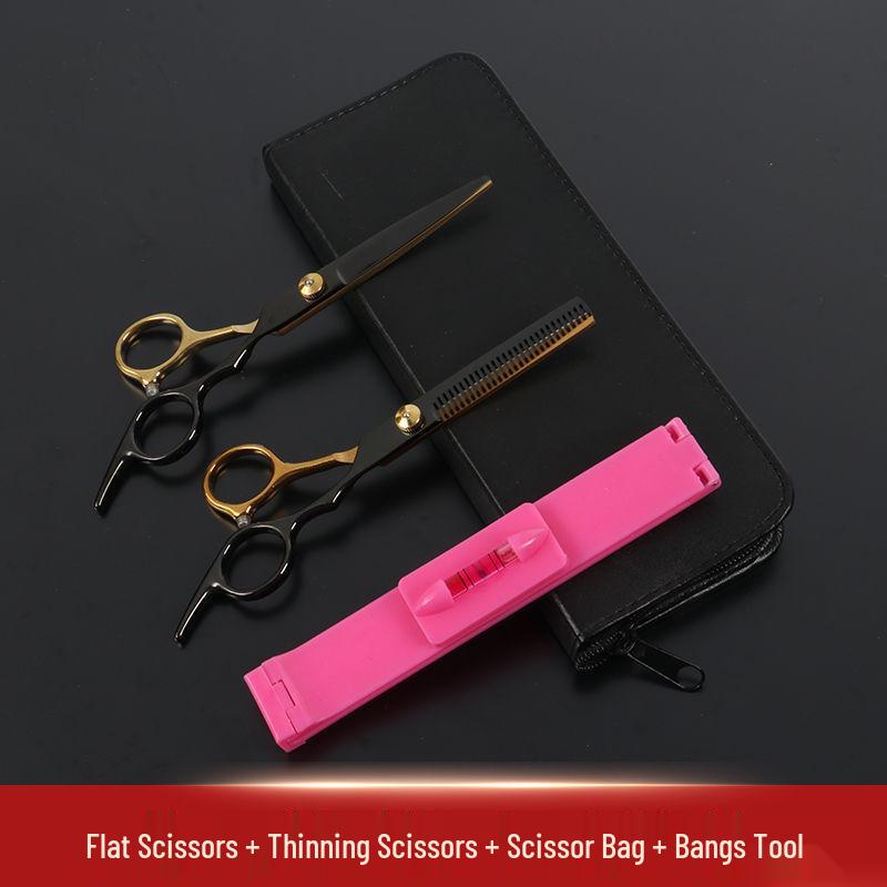 Black Gold Hairdressing Scissors Set: Flat Cut & Thinning Scissors for Women - Perfect for Home Haircuts and Bangs.