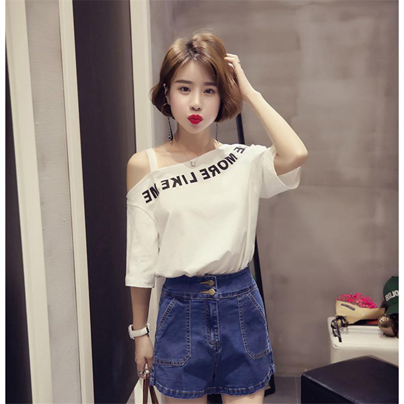 Short-sleeved T-shirt Women's New Tops Versatile Off-shoulder Printed Bottoming Shirt