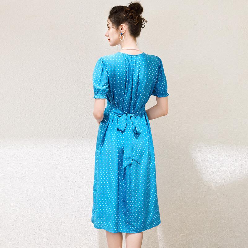 TUHUANG Mulberry Silk French Polka Dot Puff Sleeve Midi Dress