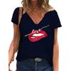 Fashion Spring  Red Lips Print Blouses Short Sleeved V-Neck T Shirts Casual