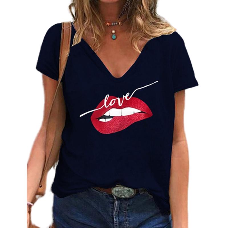 Fashion Spring Red Lips Print Blouses Short Sleeved V-Neck T Shirts Casual