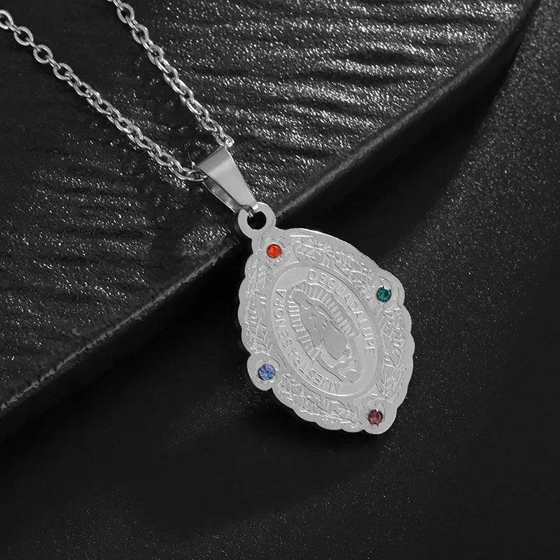 Stainless Steel Colored Zircon Catholic Virgin Mary Pendant Guadalupe Amulet Necklace Women Fashion Lucky Jewelry Gift