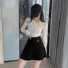 Black White Pleated Skirts Casual Slim College Women Korean Elastic High Waist Mini Metal Letter D A-line Skirts Clubwear