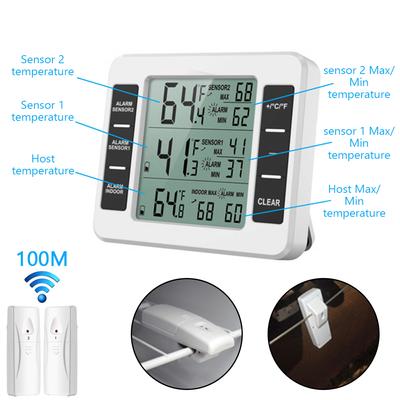 Wireless Thermometer +2 Sensor Temperature Meter Indoor Outdoor with Audible Alarm for Kitchen, Freezer, Garden