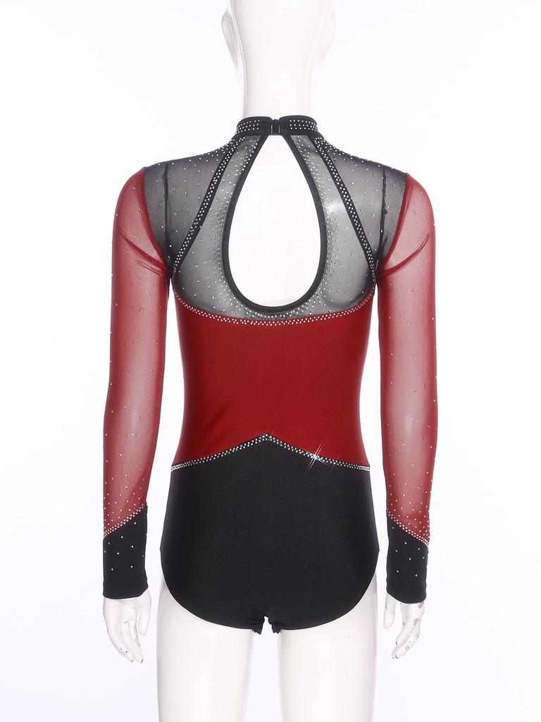 S-XXL Damen Performance Bodysuit: Rhinestone-Netz-Langarm mit Rückenausschnitt & Druckknöpfen im Schritt für Gymnastik, Eiskunstlauf