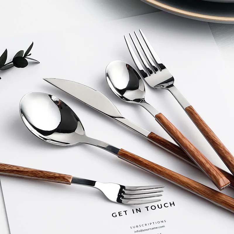 Imitation Wood Handle Stainless Steel Flatware Set Knife Fork Spoon Teaspoons 5 Pieces Set Korean Ins Kitchen Tableware Set Home Party Dinnerware Set