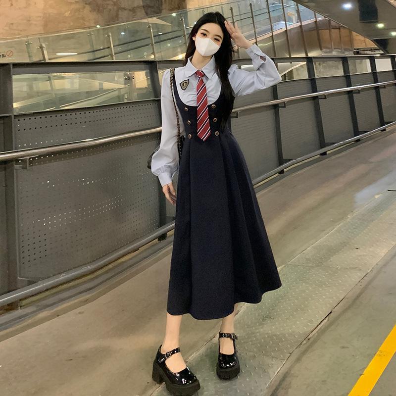 Autumn fake two-piece POLO collar dress women's large size temperament waist college style splicing shirt skirt