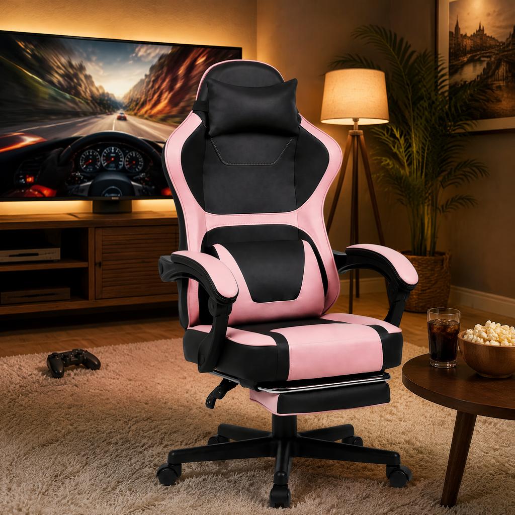 Ergonomická herní židle v Kawaii stylu (Růžová a Černá) s výsuvnou opěrkou nohou a bederní opěrkou – Všestranné pro domácí kancelář a relaxační přestávky.
