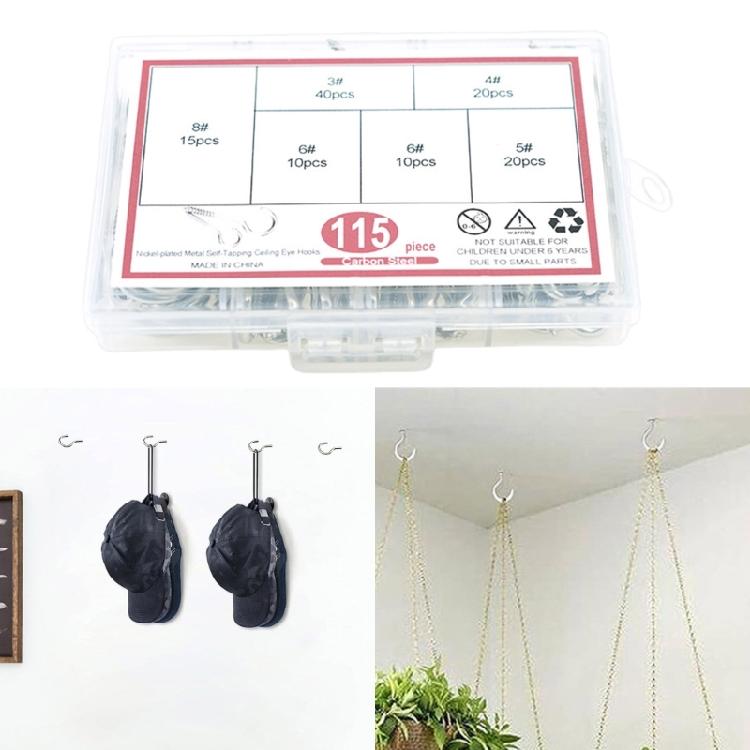 115pcs Metal Ceiling Hook Comprehensive Silver Steel Hook Practical Screw Hooks for Organizing Kitchenware and Tools