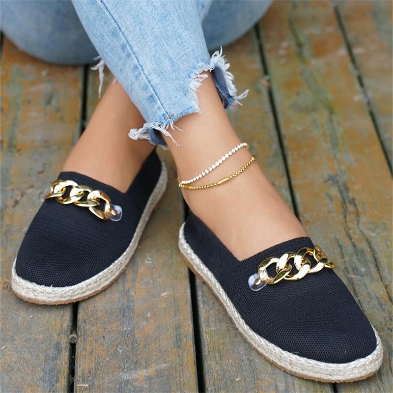 

European and American solid color large size fly-woven single shoes summer new breathable and comfortable metal round head straw 43 чорний