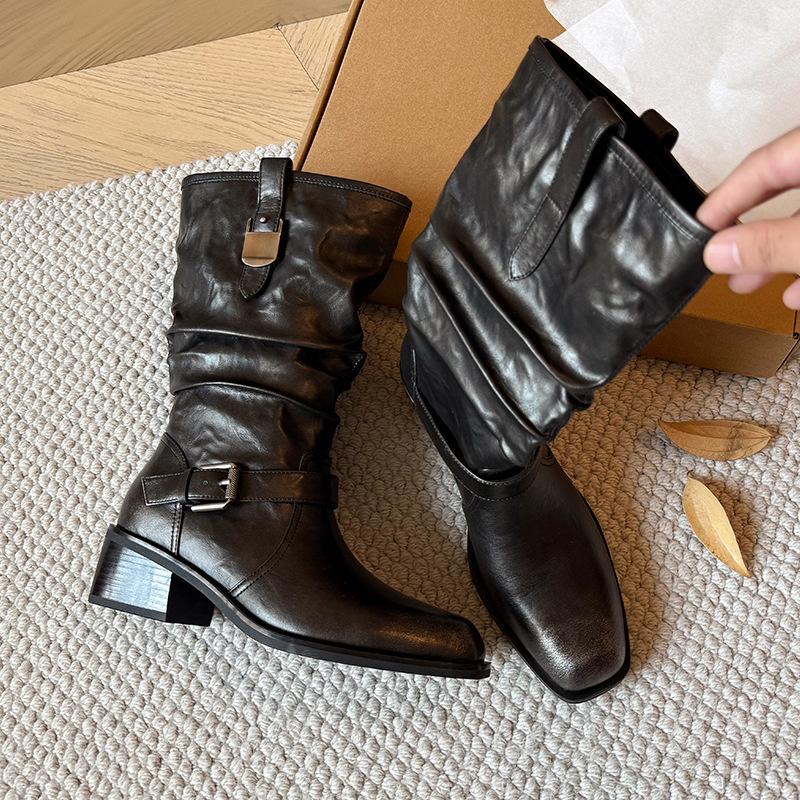 Belt Buckle Western Cowboy Boots Women's 2025 New Brown Short Boots Soft Leather Medium Tube Riding Boots Thick Heel Martin Boots