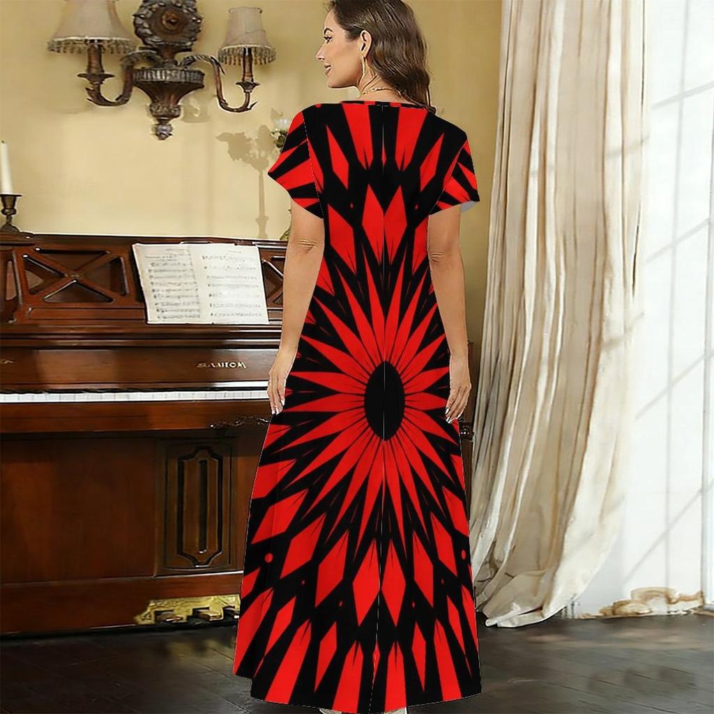 Women Plus Size V Neck Short Sleeve Printed Long Maxi Dress