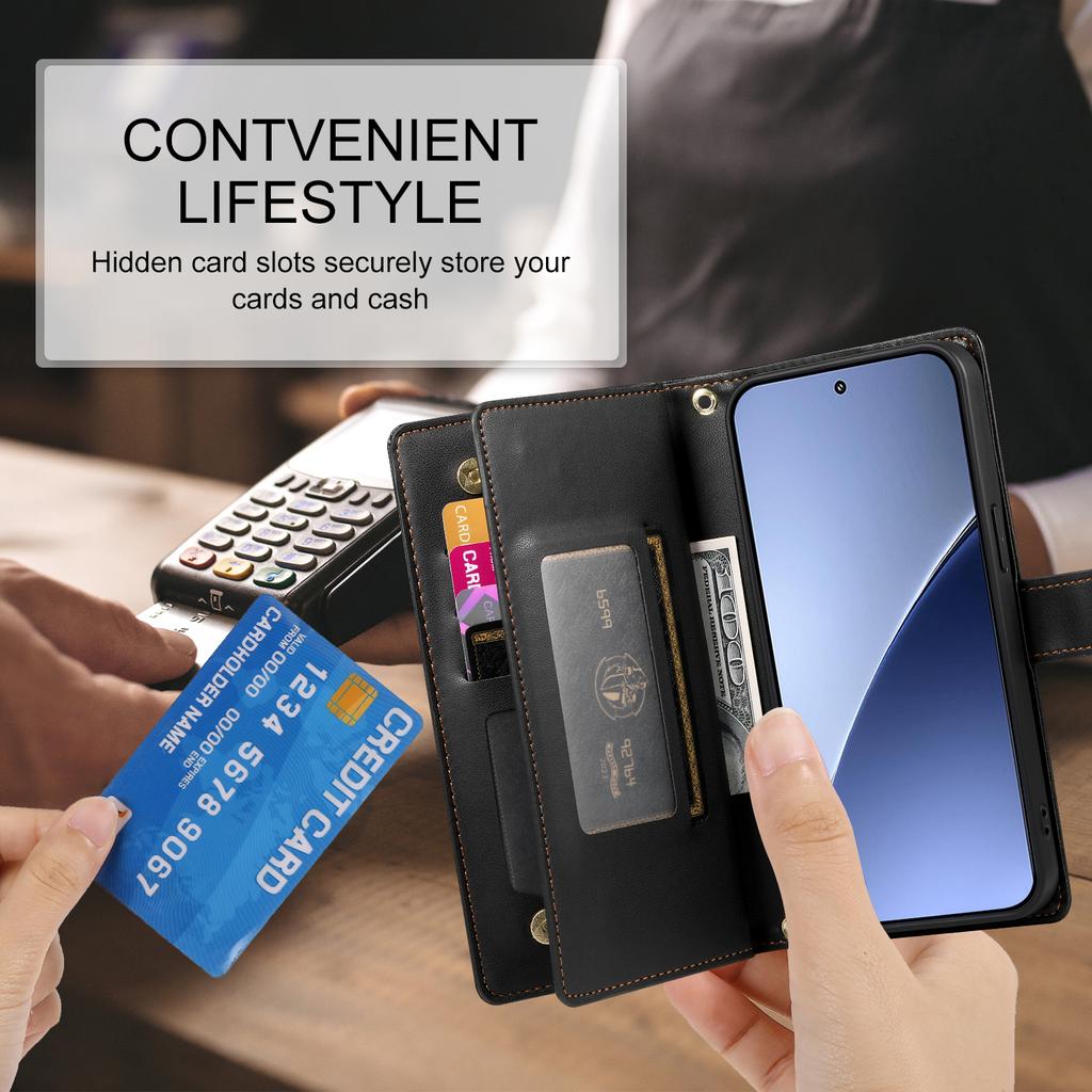 DF-011 For Xiaomi 15 Pro Case Zipper Pocket Wallet Leather Phone Cover with Straps