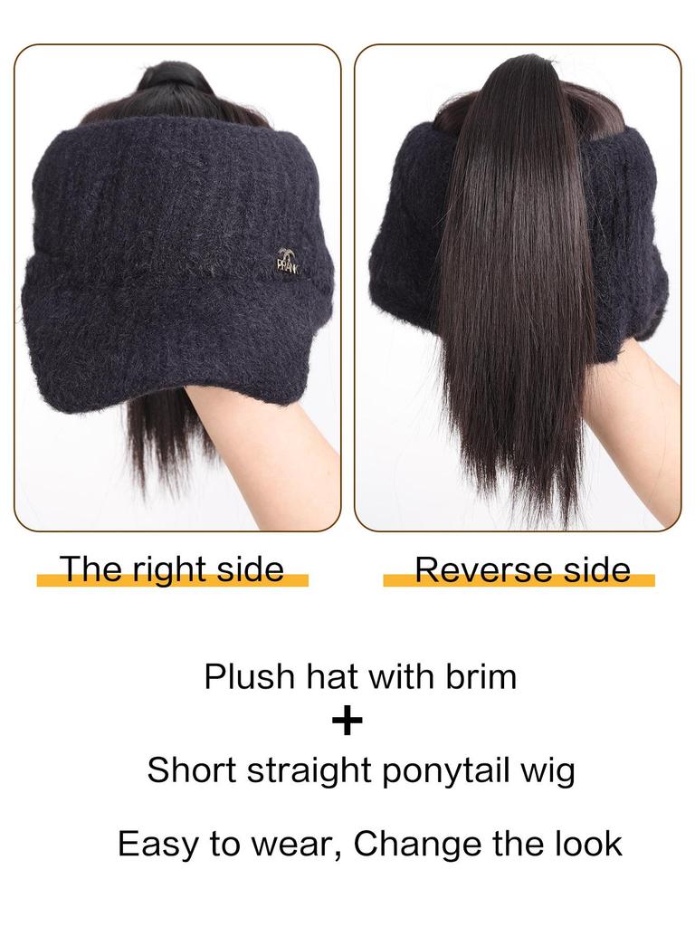Synthetic Natural Straight Hair Ponytail Extension Wig Black Plush Shade Baseball Cap All-in-one Easy To Wear Hat Wig