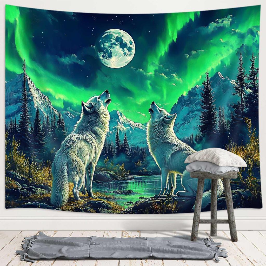 Viking Wolf Tapestry, Norse Mythology Runes Ancient Red Tapestries, Meditation Medieval Mystery Animals Ancient Art Tapestry for