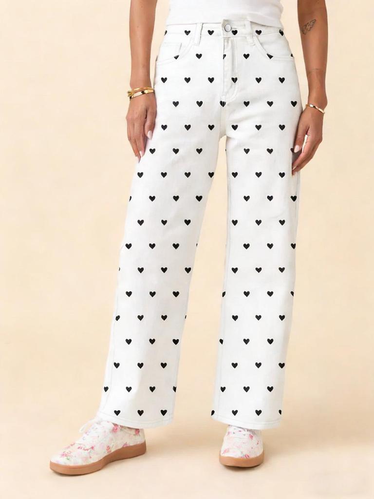 Women's White Heart Denim Pants - High Stretch, Slim Fit, Wide Leg