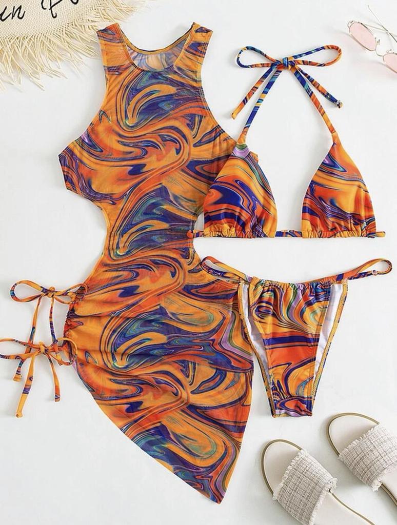 2025 Euro-American Lace-Up Cutout Bikini Three-Piece Swimsuit Set