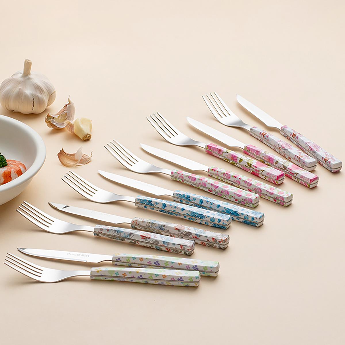 

Набор столовых приборов из нержавеющей стали серебристого цвета, 12 предметов, западный, креативный, десертная, для торта, фруктов, вилка, ложка, PP нескользящая ручка, зеркальный набор столовой посуды