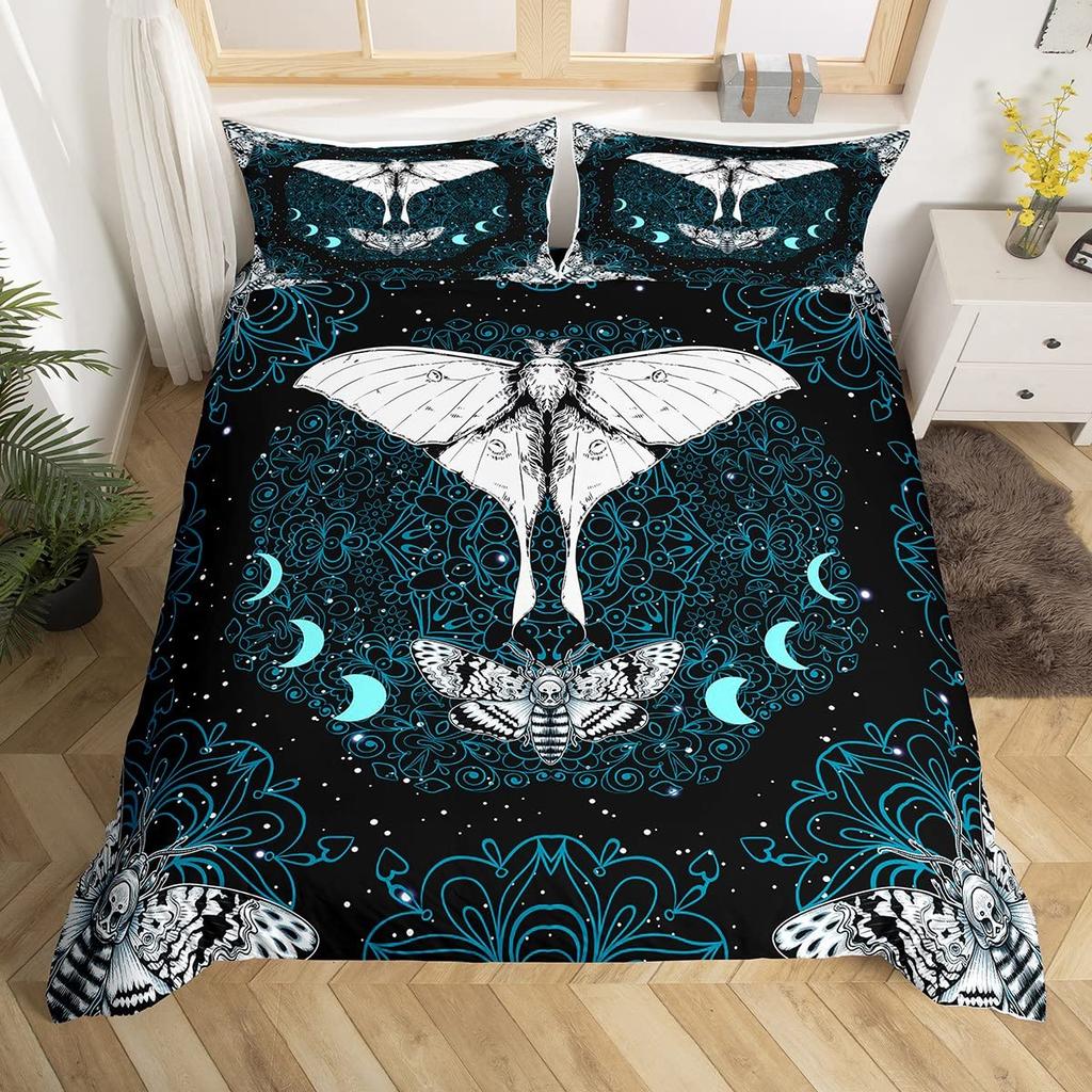 Death Moth Duvet Cover Set Skull Bedding Set Snake Mandala Moon Phase Comforter Cover Trippy Skeleton Quilt Cover Set Queen Size