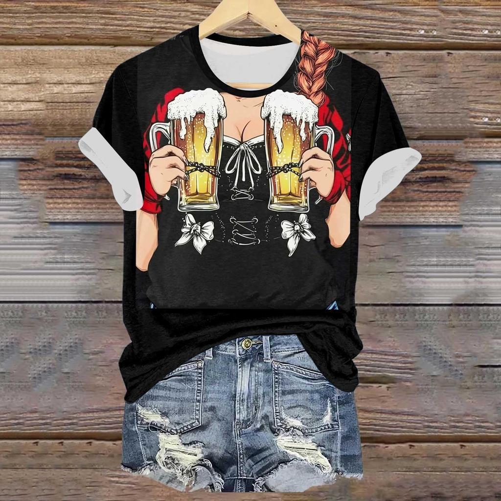 Women's Casual Pullover T-Shirt Oktoberfest Print Short Sleeve Crew Neck Top Lightweight Summer Tee