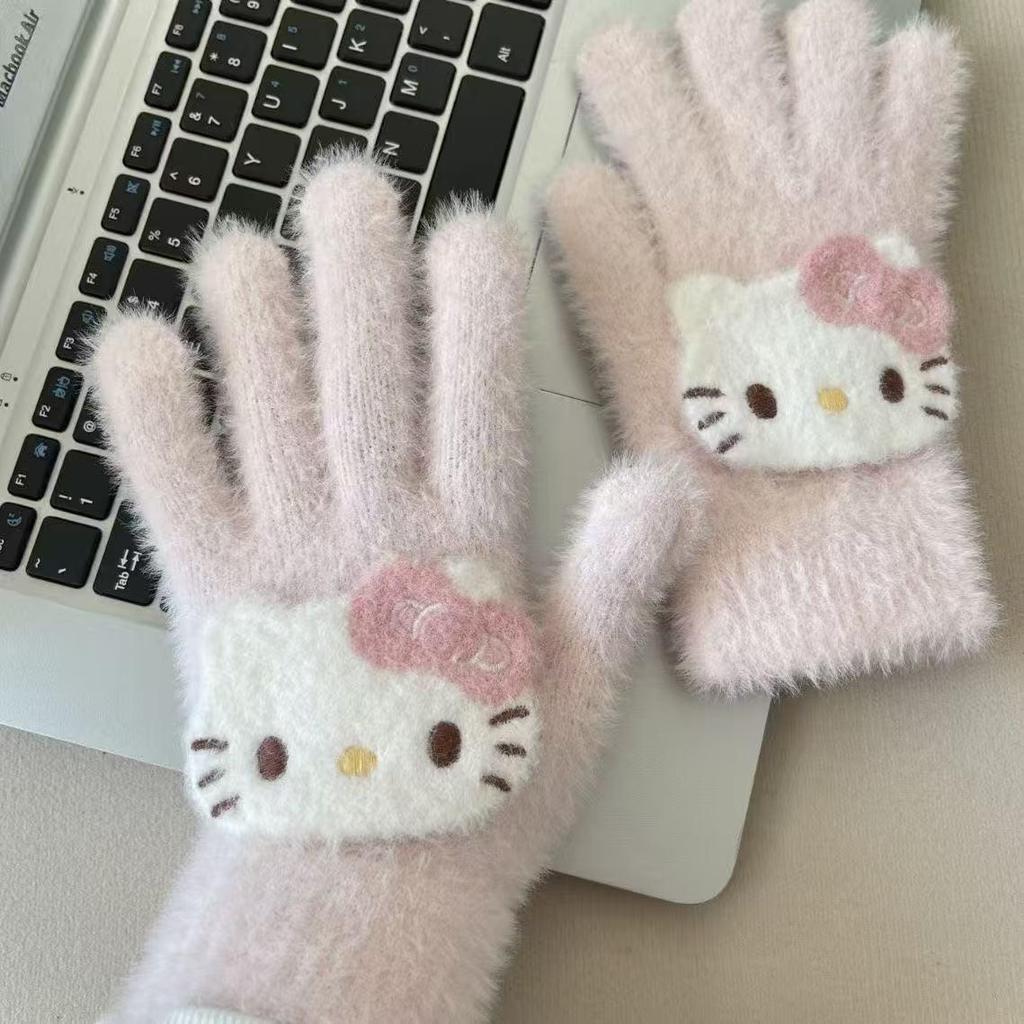 Women's Winter 2025 Retro Plaid Kitty Gloves: Warm Five-Finger Cycling Cold Protection