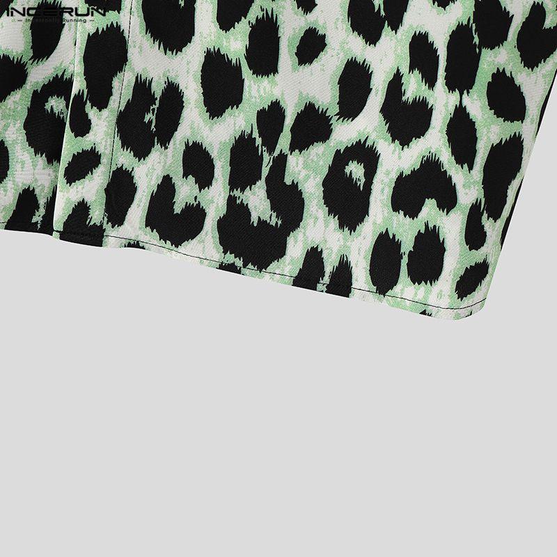 INCERUN Oversized Men's Short Sleeve Lapel Collar Button Up Leopard Print Shirts Tops