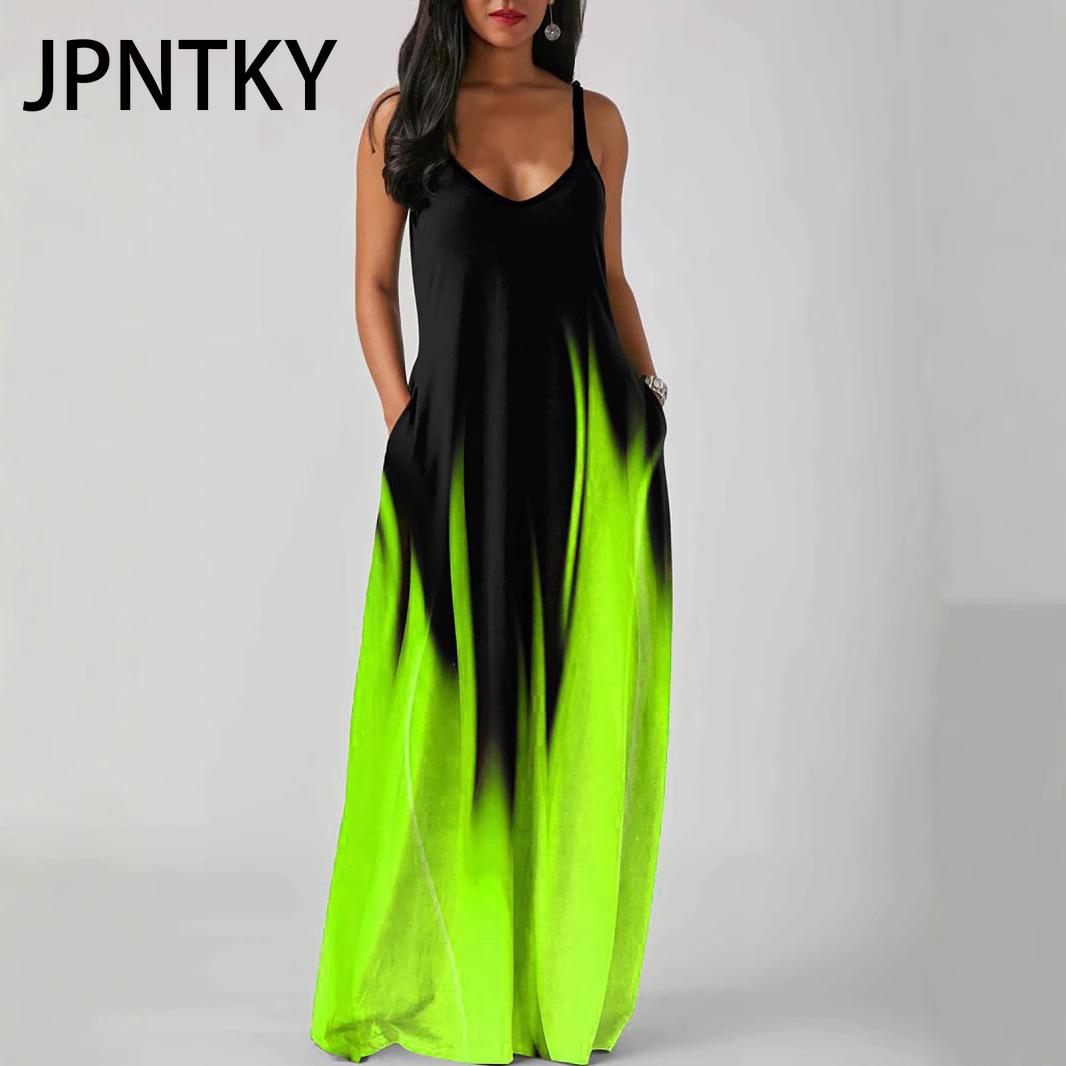 

JPNTKY Элегантное модное платье в пол без рукавов с V-образным вырезом, простое женское летнее платье в стиле ретро с принтом, свободное в талии, прямого кроя XXXXXL андроид зеленый