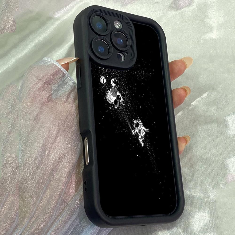 JT89 Black Space Artwork Spaceman Astronaut for iPhone 17 16 15 Pro Max Samsung S26 S25 Ultra A17 A16 A07 A56 Xiaomi 15T Redmi 14C 15c Soft TPU Case