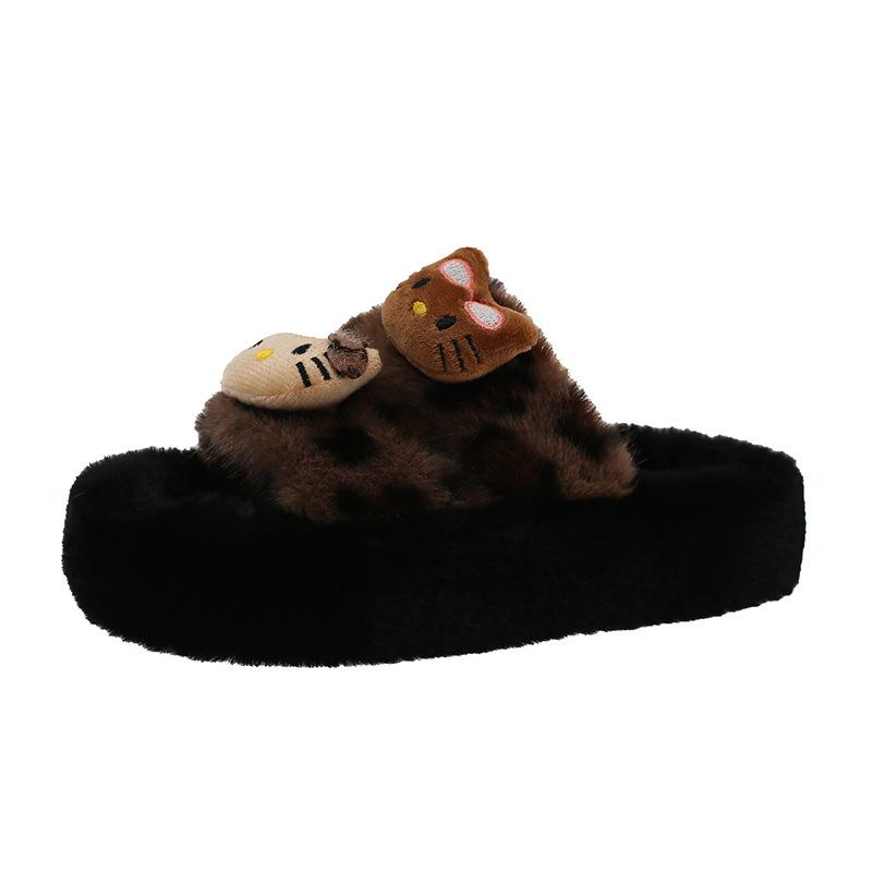 Leopard print thick bottom one-word fluffy slippers women wear 2025 new spring, autumn and winter indoor home Internet celebrity cotton slippers