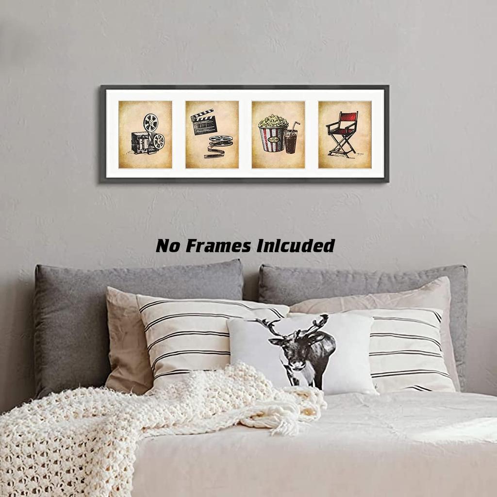 Vintage Movie Theater Wall Art, Home Theatre Feature Canvas Decor, Classic Film Reel Cinema Popcorn Posters, Retro Home Movie Theater Media Room Bar