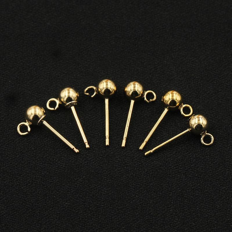 14K Gold Filled Round Bead Ear Pins: Ball Stud Earrings with Ring for DIY Jewelry Accessories.